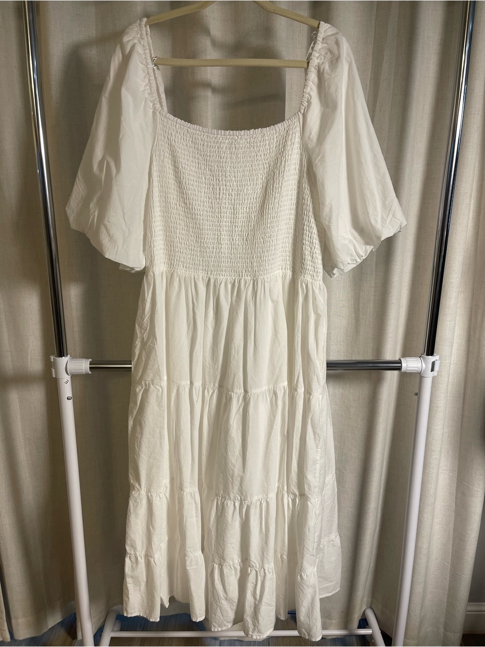 City Chic White Smocked Midi Dress with Puff Sleeves